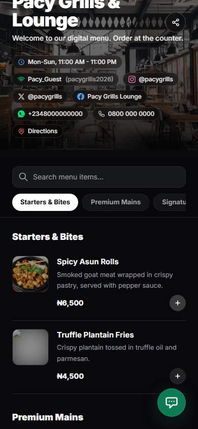 OurMenu guest menu interface